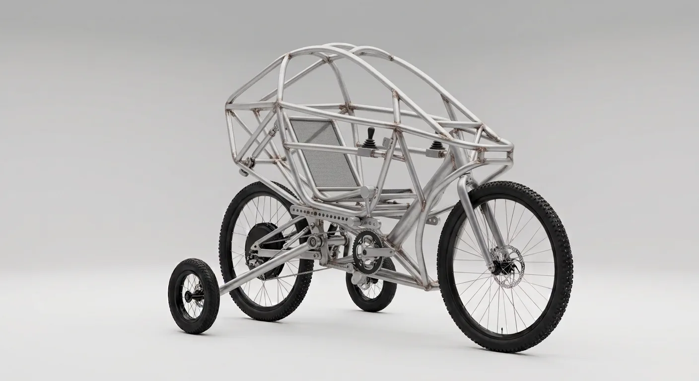 Châssis tubulaire du vélomobile, roues stabilisatrices déployées